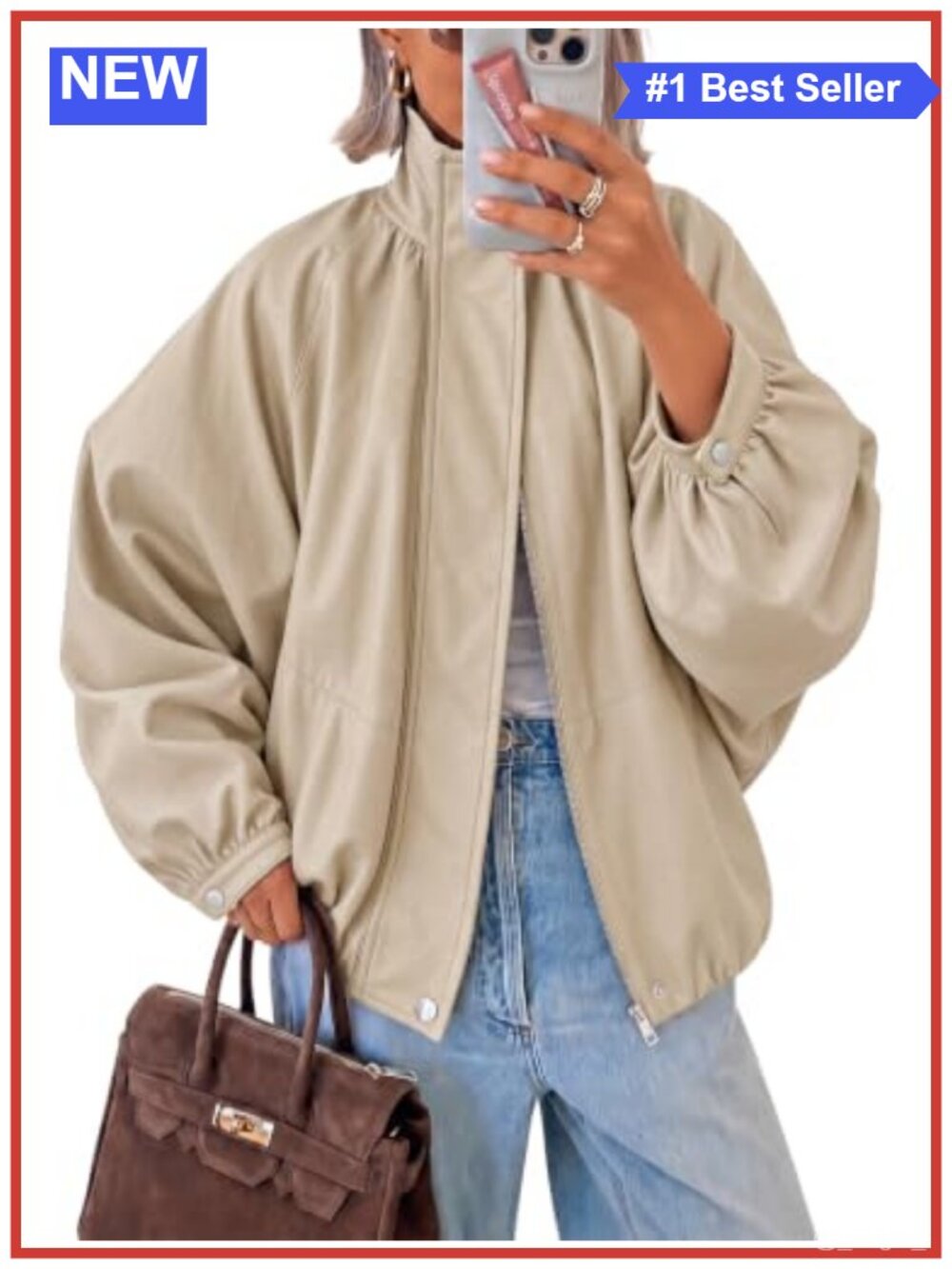 Faux Leather Bomber Jacket Long Sleeve Zipper Fall Coat